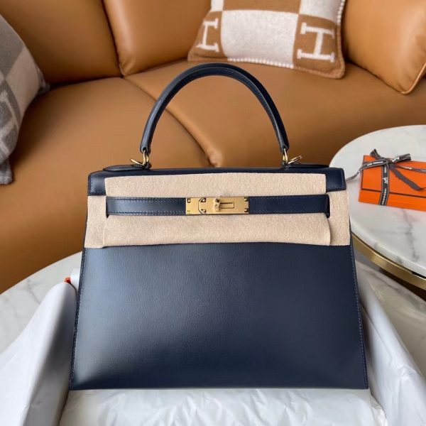 Hermès Kelly Sellier 28 Blue Nuit Box Leather Gold Hardware