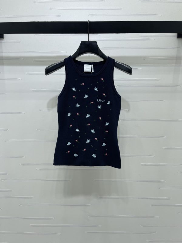 Dio*r rose and swallow embroidered ribbed tank top navy A706B280C