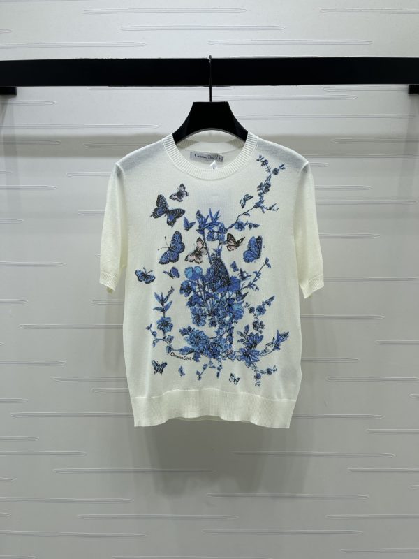 Dio*r blue butterfly floral print knit short sleeve