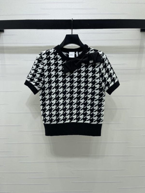 Dio*r houndstooth bow knit short sleeve top A706B400C